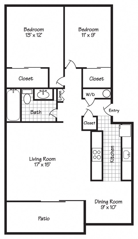 Floor plan for 2 beds, 1 bath, 915 sqft